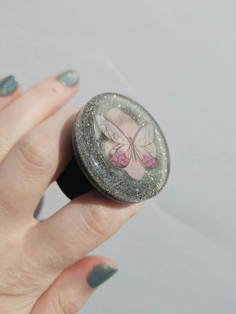 Handmade Pink Butterfly & Flower Resin Phone Grip Whimsical Cute Silver Glitter
